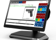 NCR touchscreen displaying Rapid Gun Systems' gun store POS software interface, showcasing serialized inventory management and firearm sales tools.