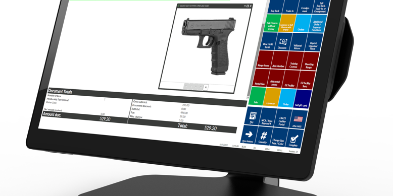 Rapid Gun Systems CX7 with touchscreen GUN lowres NCR touchscreen displaying Rapid Gun Systems' gun store POS software interface, showcasing serialized inventory management and firearm sales tools.