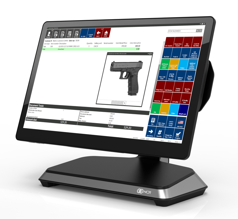 Rapid Gun Systems CX7 with touchscreen GUN lowres NCR touchscreen displaying Rapid Gun Systems' gun store POS software interface, showcasing serialized inventory management and firearm sales tools.