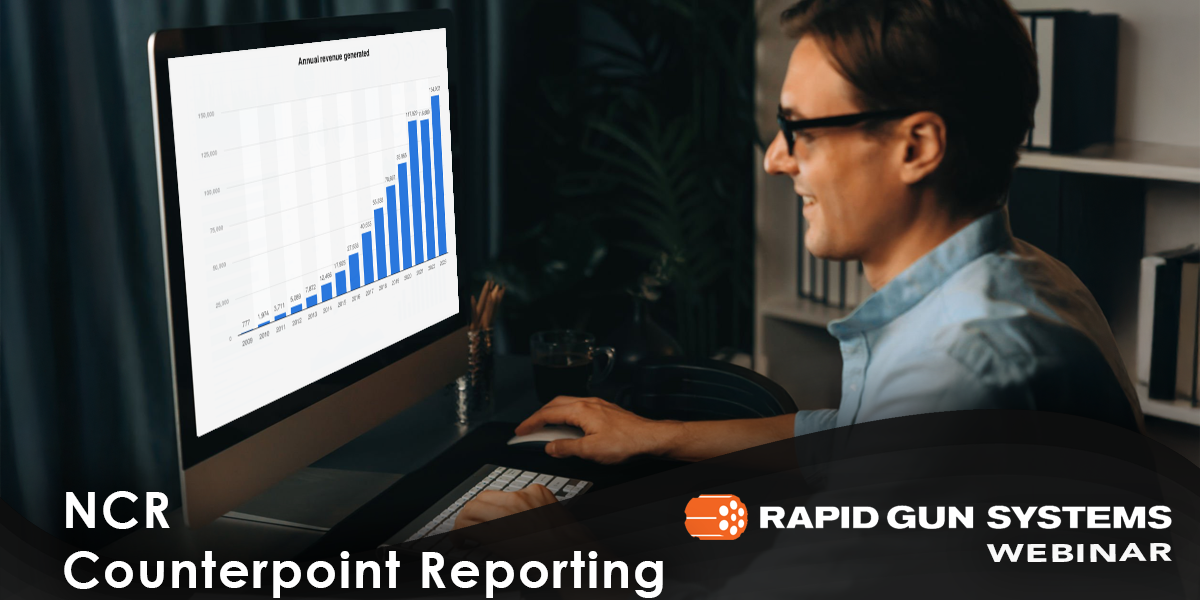 Master NCR Counterpoint Reporting for Point-of-Sale Insights A professional viewing a computer screen displaying detailed sales and inventory analytics from NCR Counterpoint. The graph is titled "Annual Revenue Generated," representing sales data. Learn how to leverage NCR Counterpoint reporting features to gain actionable insights for your firearm business. Discover how to track sales performance, monitor inventory, and analyze customer trends to make data-driven decisions and promote business growth with NCR Counterpoint reporting.