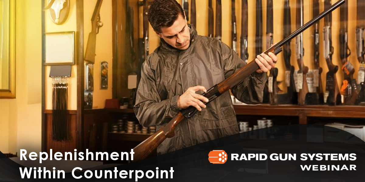 A man in a gun store inspecting a shotgun, with racks of firearms in the background. With automated restocking alerts, he always knows when to reorder products. This Rapid Gun Systems webinar provides strategies for inventory replenishment, such as automating restocking, maintaining optimal inventory. and more.