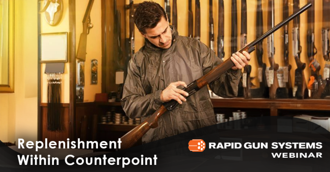 Streamline Inventory Management with Replenishment in Counterpoint A man in a gun store inspecting a shotgun, with racks of firearms in the background. With automated restocking alerts, he always knows when to reorder products. This Rapid Gun Systems webinar provides strategies for inventory replenishment, such as automating restocking, maintaining optimal inventory. and more.