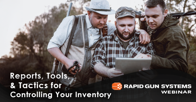 Master Inventory Control with Reports, Tools, and Tactics Three hunters examining a tablet outdoors, discussing inventory reports and tools that syncs to their POS in real-time. One holds a shotgun. In this Rapid Gun Systems webinar, you will learn how to leverage your point-of-sale system for controlling gun inventory.