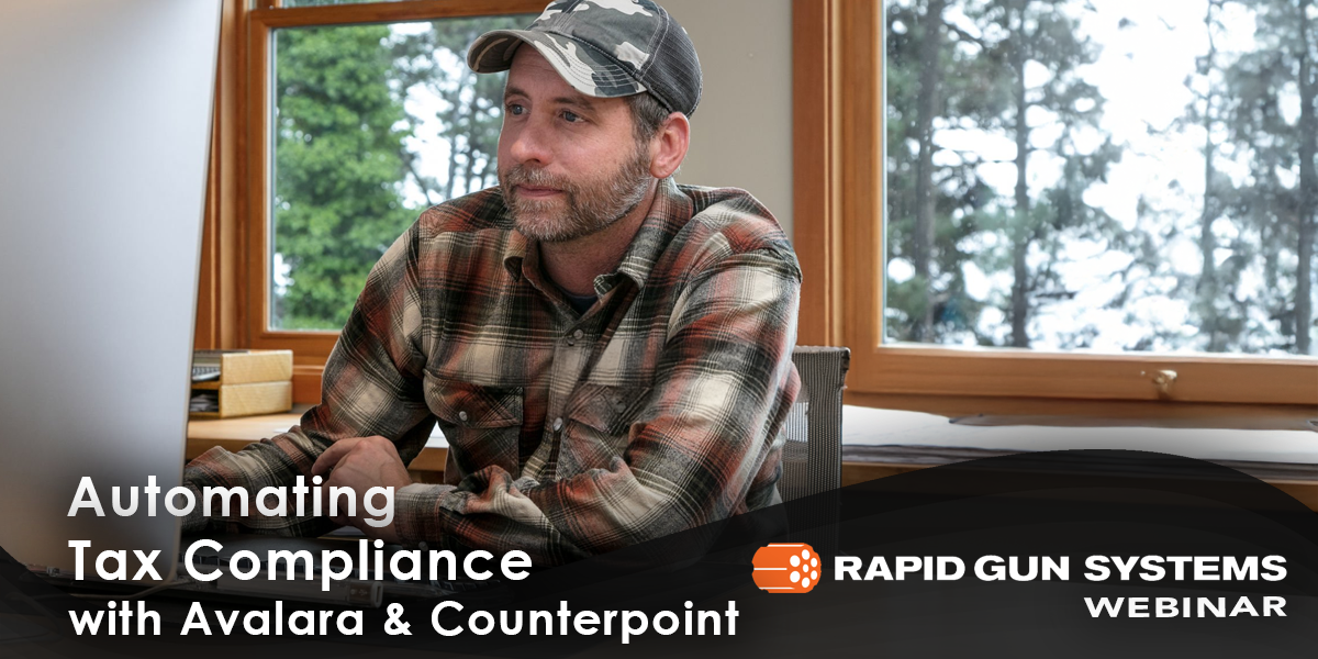 Streamline Tax Compliance with Avalara & Counterpoint Image of a man in a plaid shirt and camo cap using a computer at a gun store to automate tax calculations. Discover how our integrated point-of-sale (POS) solutions can simplify sales tax processes, reduce errors, and ensure regulatory compliance for firearm retailers. Ideal for business owners seeking efficient tax solutions to Automating Tax Compliance with Avalara and Counterpoint.