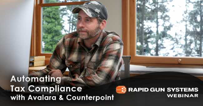 Image of a man in a plaid shirt and camo cap using a computer at a gun store to automate tax calculations. Discover how our integrated point-of-sale (POS) solutions can simplify sales tax processes, reduce errors, and ensure regulatory compliance for firearm retailers. Ideal for business owners seeking efficient tax solutions to Automating Tax Compliance with Avalara and Counterpoint.