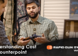 Image of a man in a plaid shirt explaining the benefits of a firearm to another man in a gun store. Gain insights into managing costs effectively within the Counterpoint point-of-sale system. Text displayed as "Understanding Cost in Counterpoint" with accurate cost tracking, inventory valuation, and profitability analysis tailored to firearm retailers.