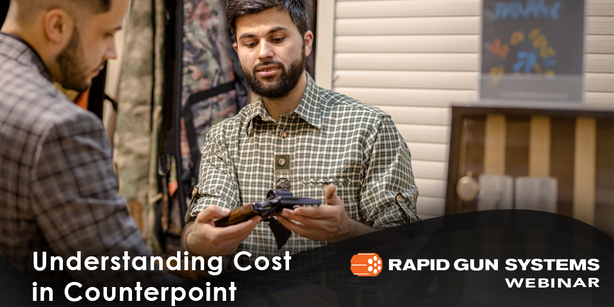 Mastering Cost Management in Counterpoint Image of a man in a plaid shirt explaining the benefits of a firearm to another man in a gun store. Gain insights into managing costs effectively within the Counterpoint point-of-sale system. Text displayed as "Understanding Cost in Counterpoint" with accurate cost tracking, inventory valuation, and profitability analysis tailored to firearm retailers.