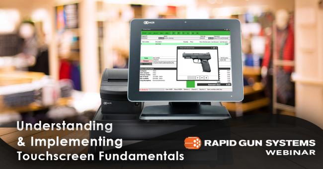 Touchscreen Point-of-Sale for Firearm Retailers Close-up of an NCR touchscreen point-of-sale system displaying firearm sales information, set in a retail environment with an easy-to-navigate interface. The screen showcases product details for a handgun, with a receipt printer beside it. This Rapid Gun Systems webinar focuses on leveraging intuitive touchscreen interfaces to streamline sales, manage inventory, and enhance the customer experience using touchscreen fundamentals in your gun store POS.
