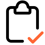 Black clipboard icon with bold orange check mark, representing completed tasks and FET Compliant POS approval for Rapid Gun Systems.
