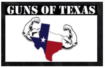 Guns of Texas logo: bold text above a Texas flag-shaped state outline with flexing arms, symbolizing POS strength and reliability.