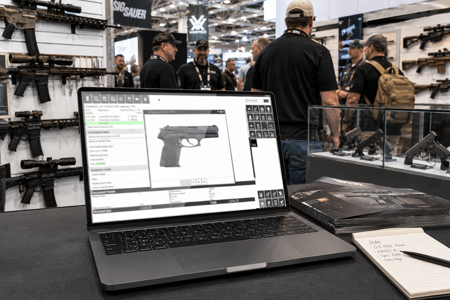 Laptop on table shows POS handgun software for gun stores; notepad, brochures, and firearm displays featured at trade show. Mobile POS for Gun Stores - Laptop with Rapid Gun Systems POS shows handgun catalog at firearms trade show, surrounded by rifles, brochures, and staff discussing products.