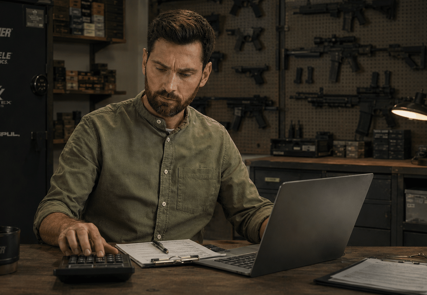 Gun store owner at desk using laptop, calculator, and clipboard for accounting; shelves with firearms and ammo in background workspace with Gun Store Accounting Integration in Rapid Gun Systems.